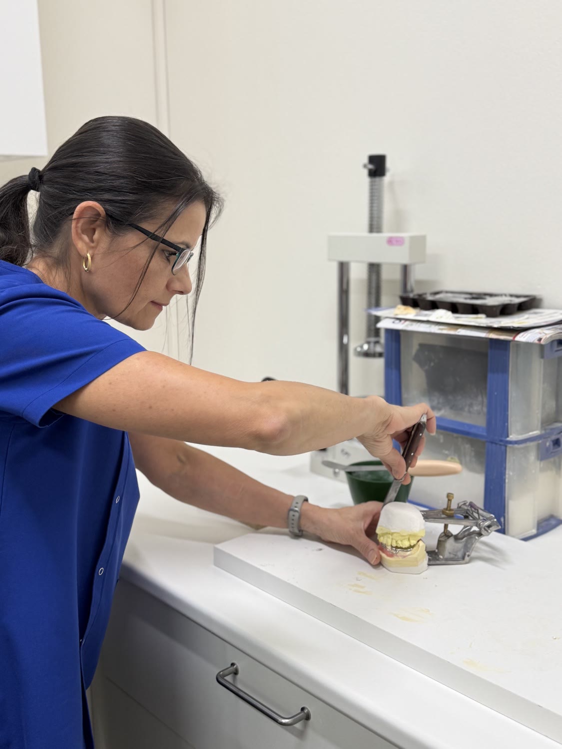 Fay setting teeth at the laboratory bench