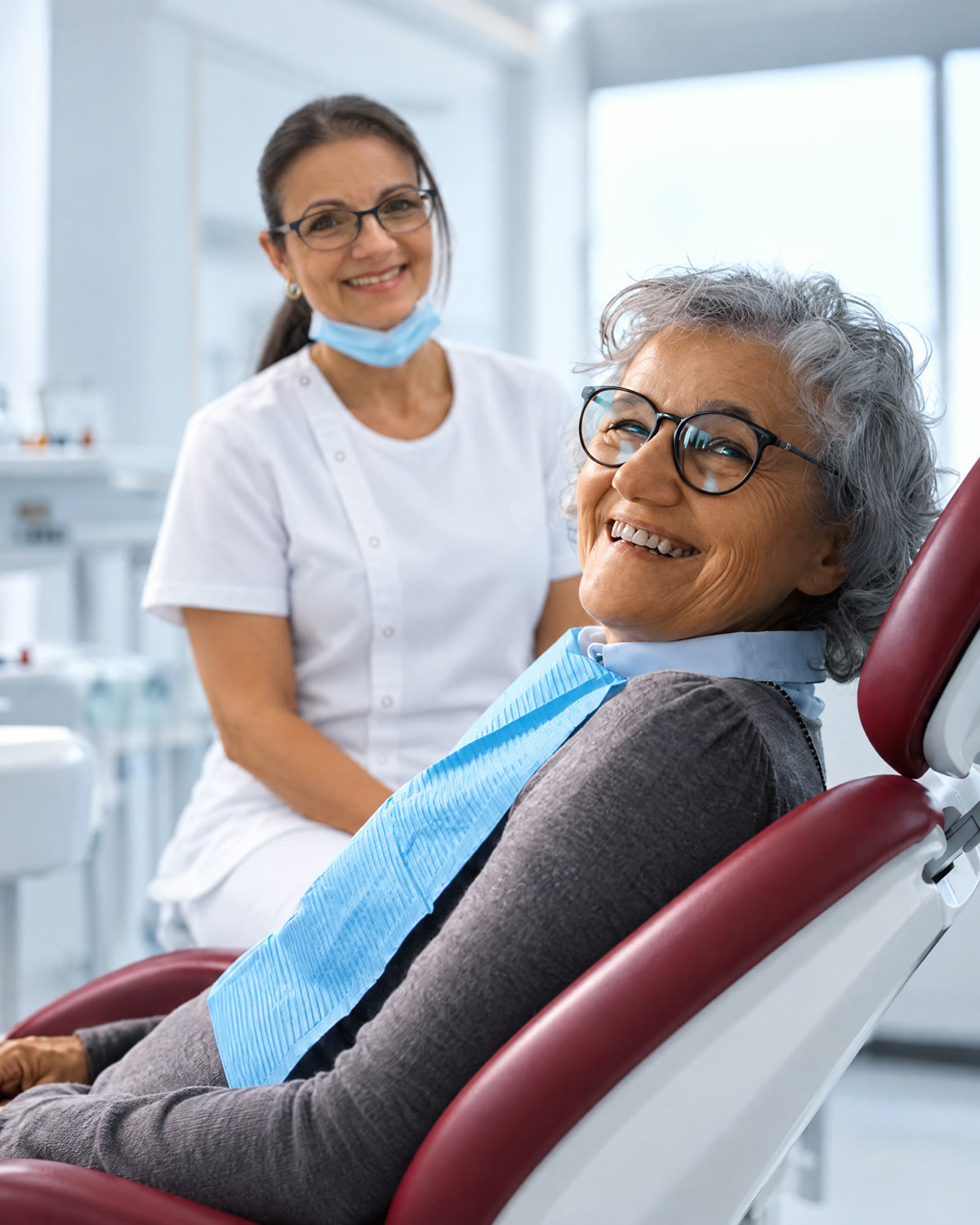 A smiling patient in the chair with Fay behind her